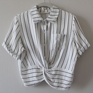 Adora Striped Knot Front Button-Up Short Sleeve Crop Top